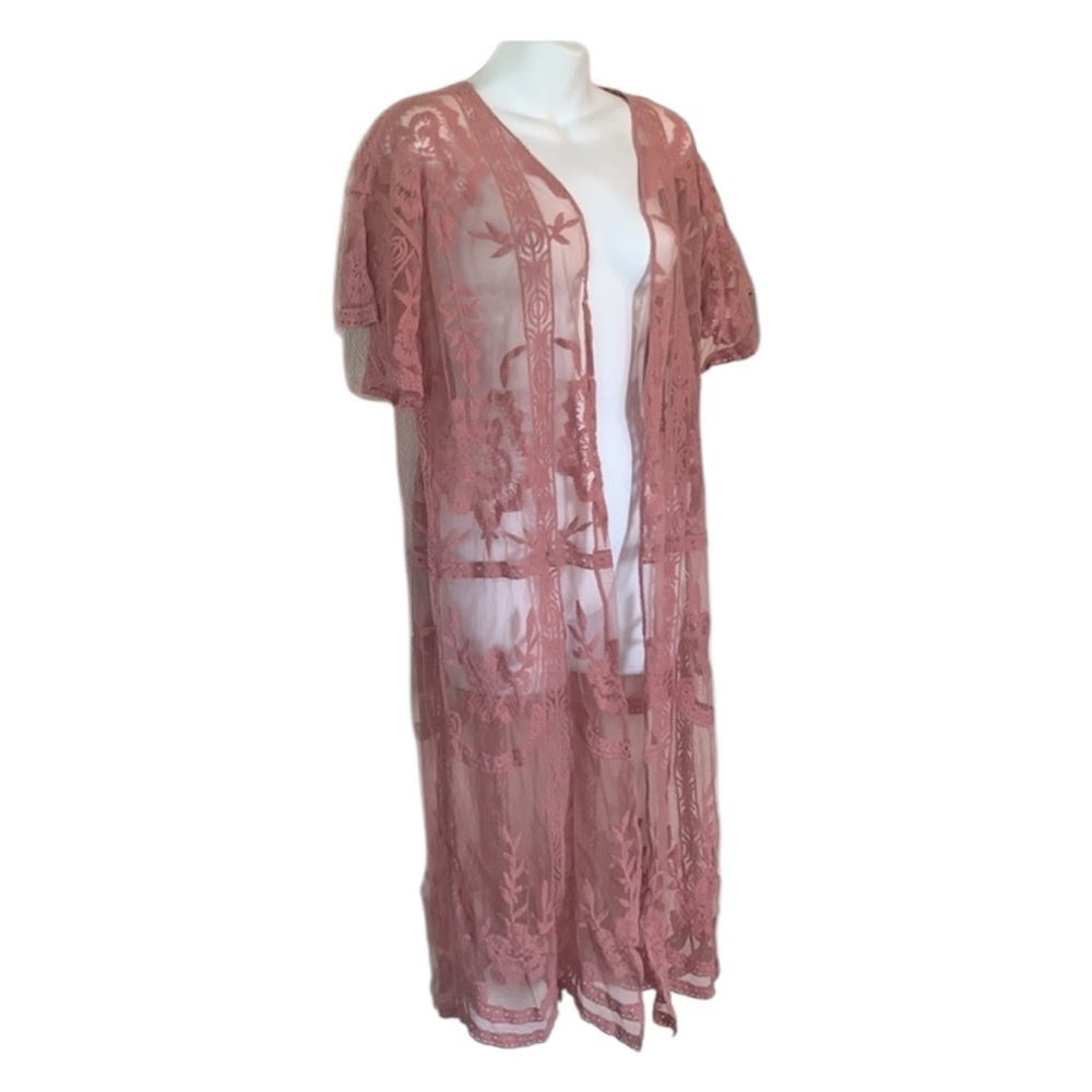 LAUREN CONRAD Duster, Sheer Pink Lace Kimono Cardigan, Pastel Coverup. M EUC